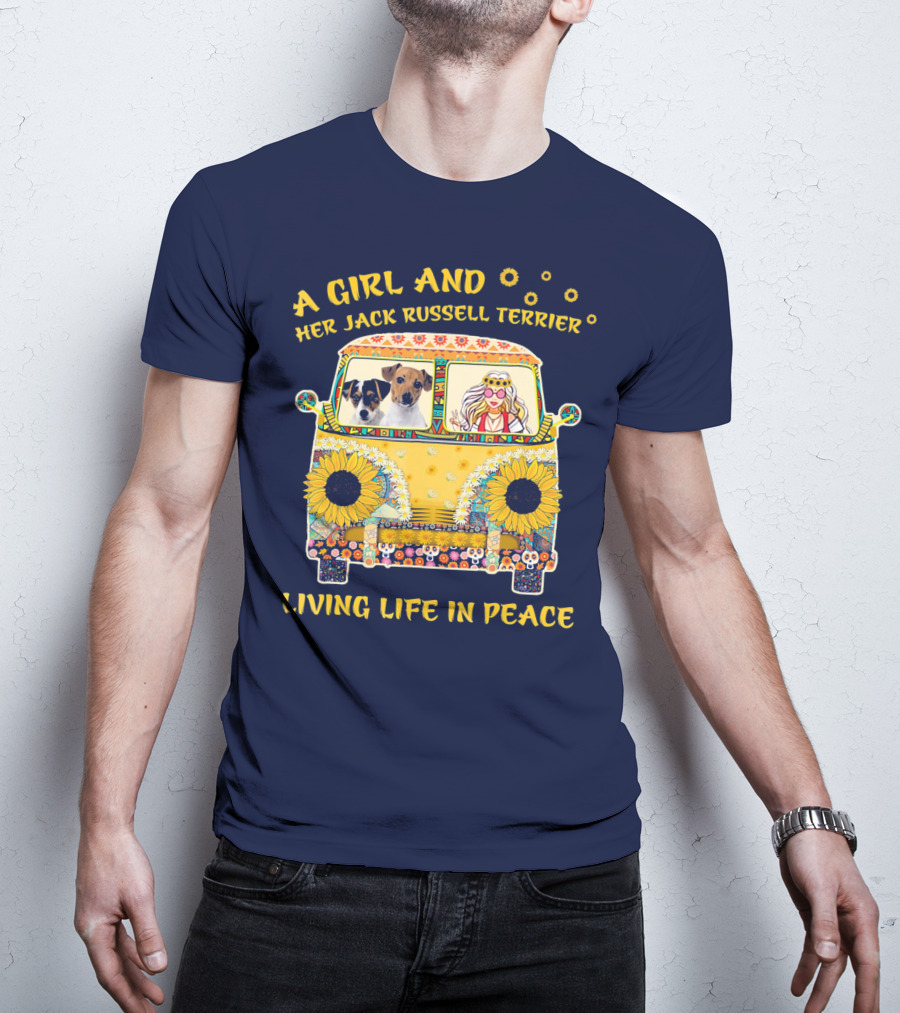 A Girl And Her Jack Russell Terrier Living Life In Peace Hippie Van With Sunflowers T-Shirt
