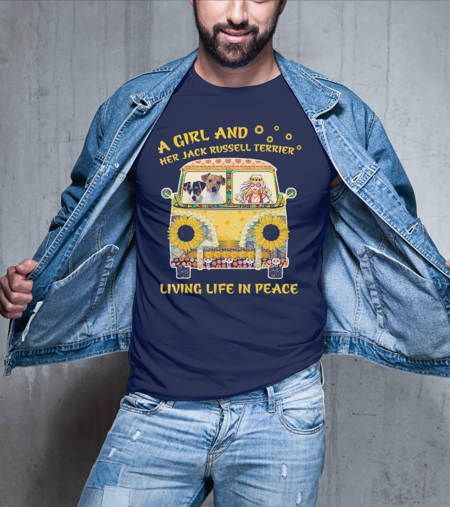 A Girl And Her Jack Russell Terrier Living Life In Peace Hippie Van With Sunflowers T-Shirt