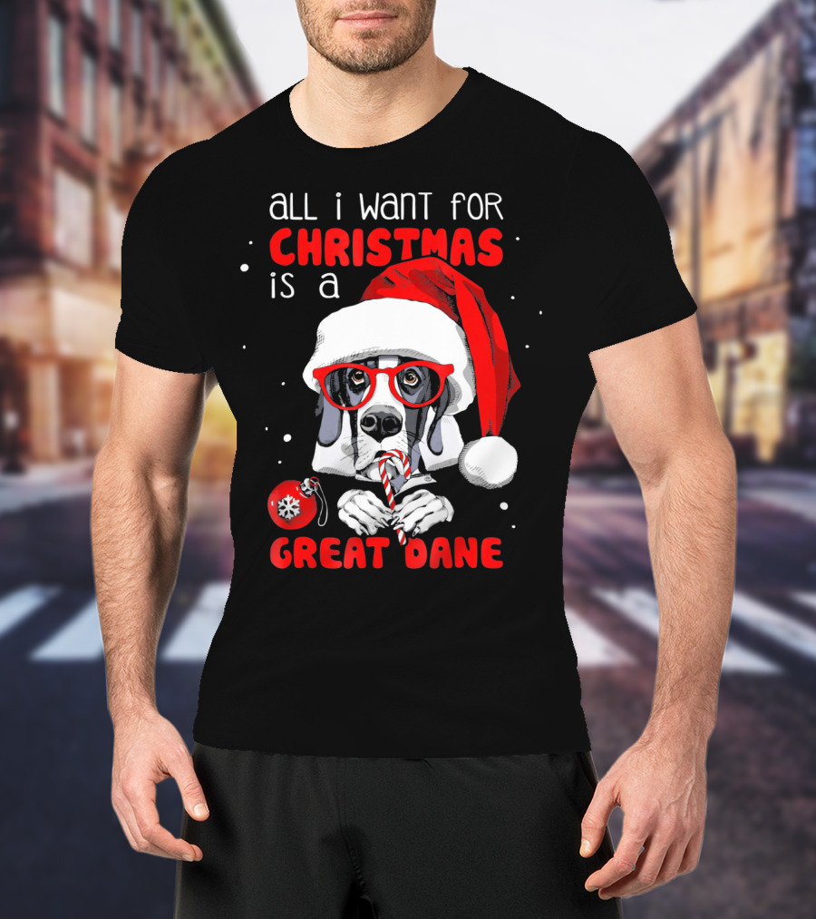 All I Want For Christmas Is A Great Dane Santa Hat Red Glasses Candy Cane T-Shirt