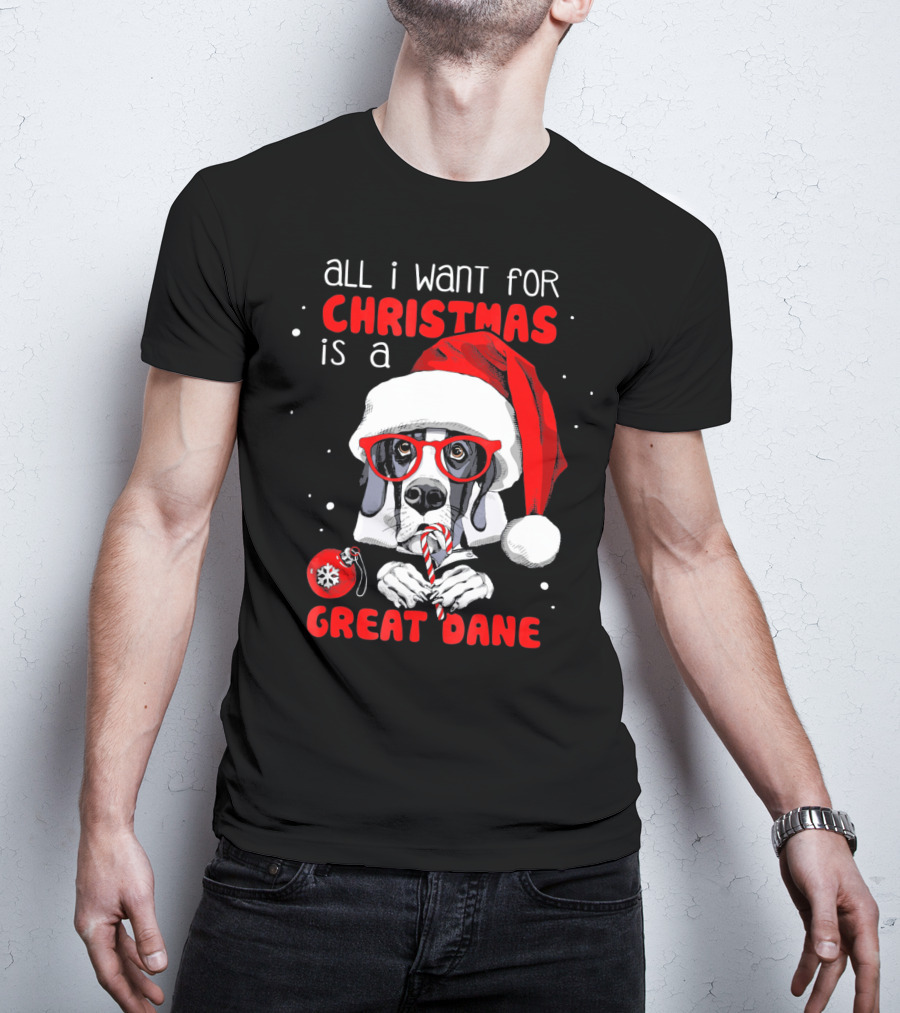 All I Want For Christmas Is A Great Dane Santa Hat Red Glasses Candy Cane T-Shirt