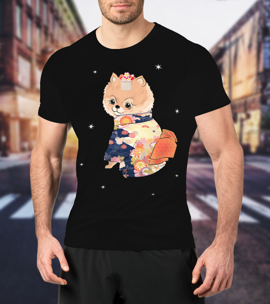 Pomeranian Dog In Floral Kimono With Stars T-Shirt
