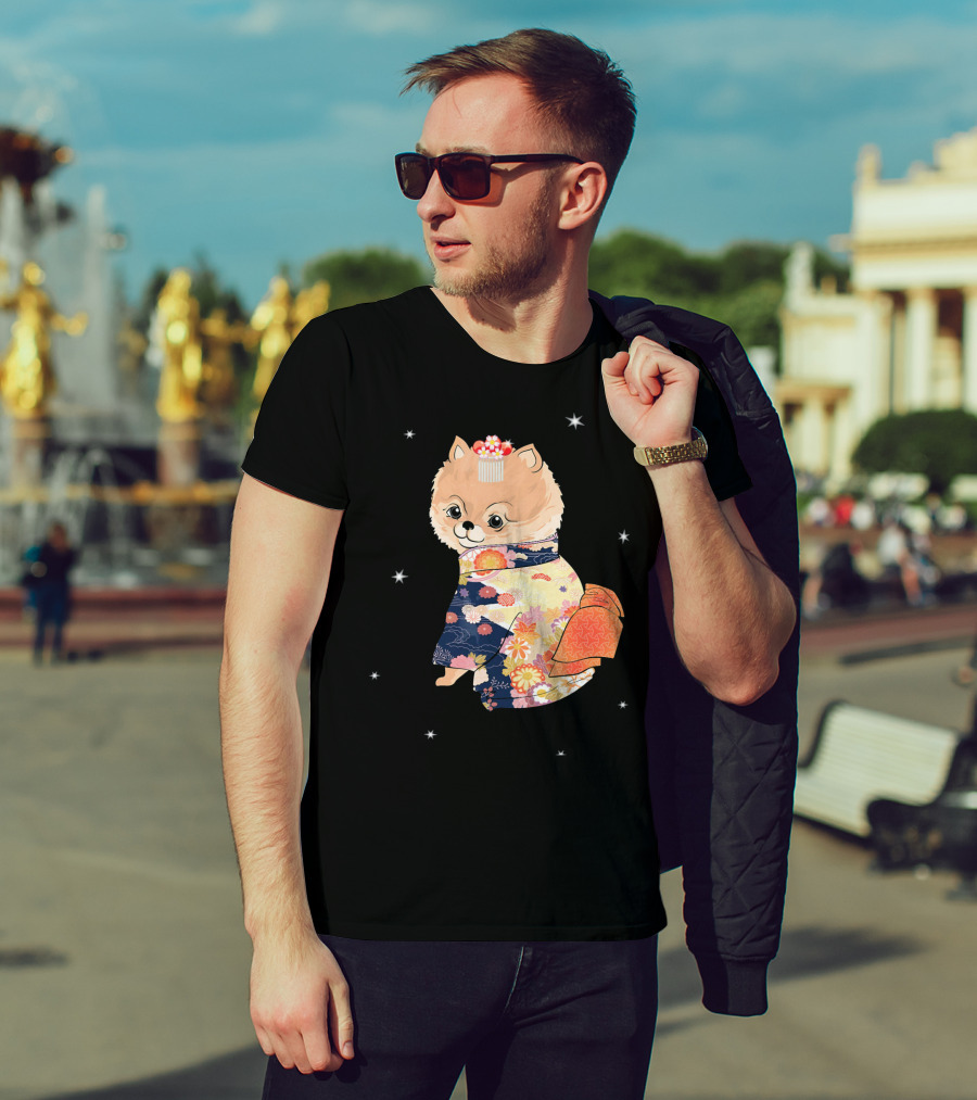 Pomeranian Dog In Floral Kimono With Stars T-Shirt