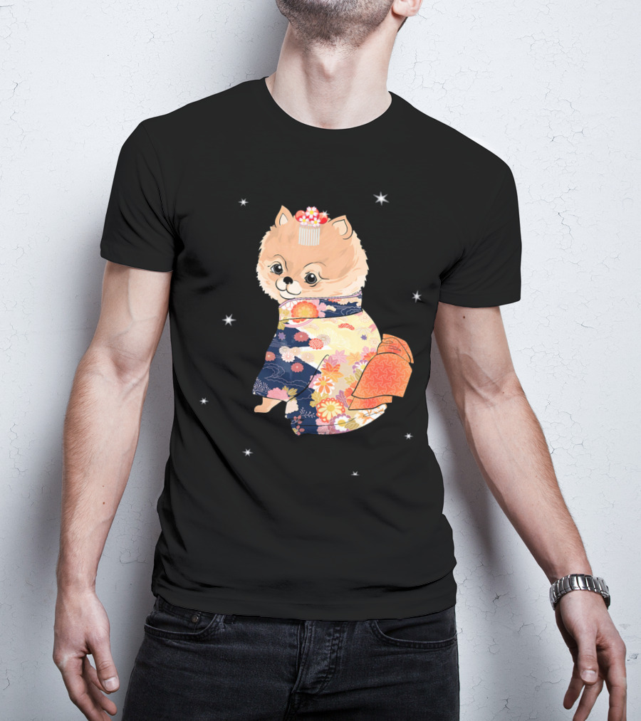 Pomeranian Dog In Floral Kimono With Stars T-Shirt