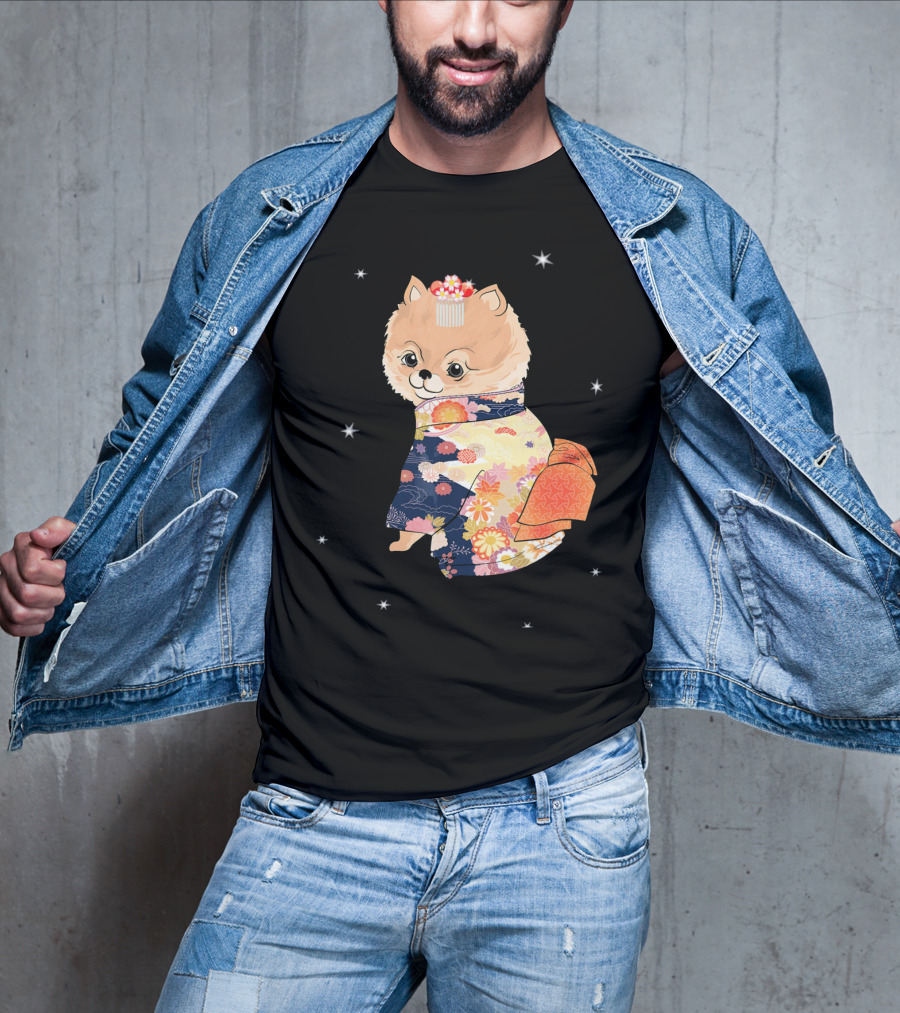 Pomeranian Dog In Floral Kimono With Stars T-Shirt