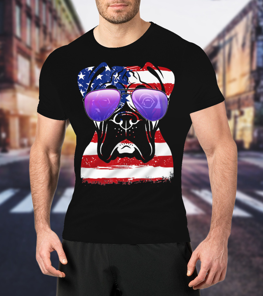 Boxer Dog With American Flag Sunglasses Patriotic T-Shirt
