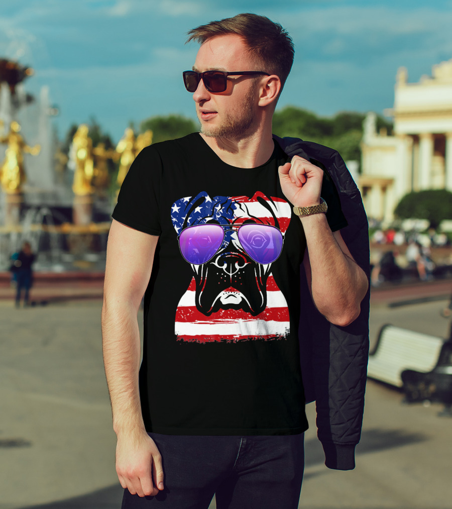 Boxer Dog With American Flag Sunglasses Patriotic T-Shirt