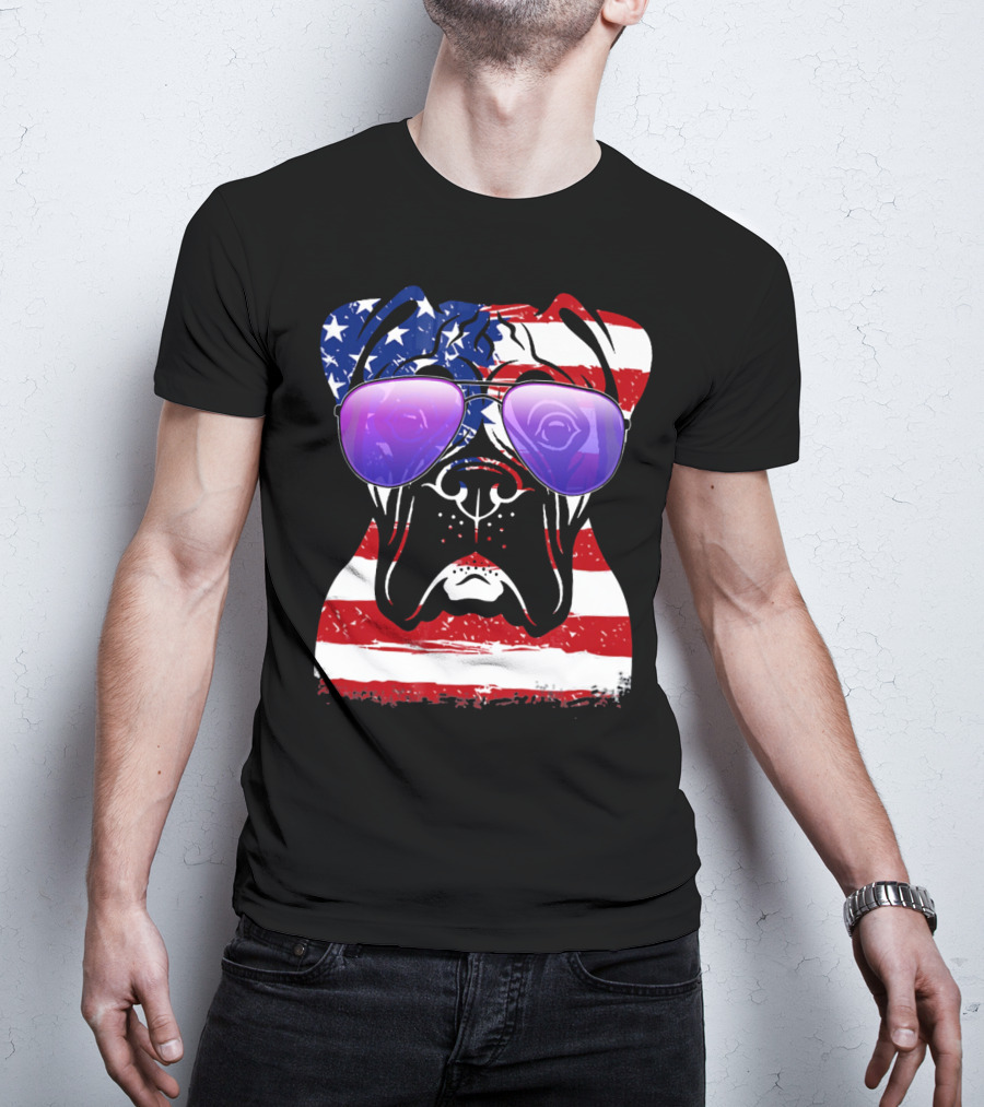 Boxer Dog With American Flag Sunglasses Patriotic T-Shirt