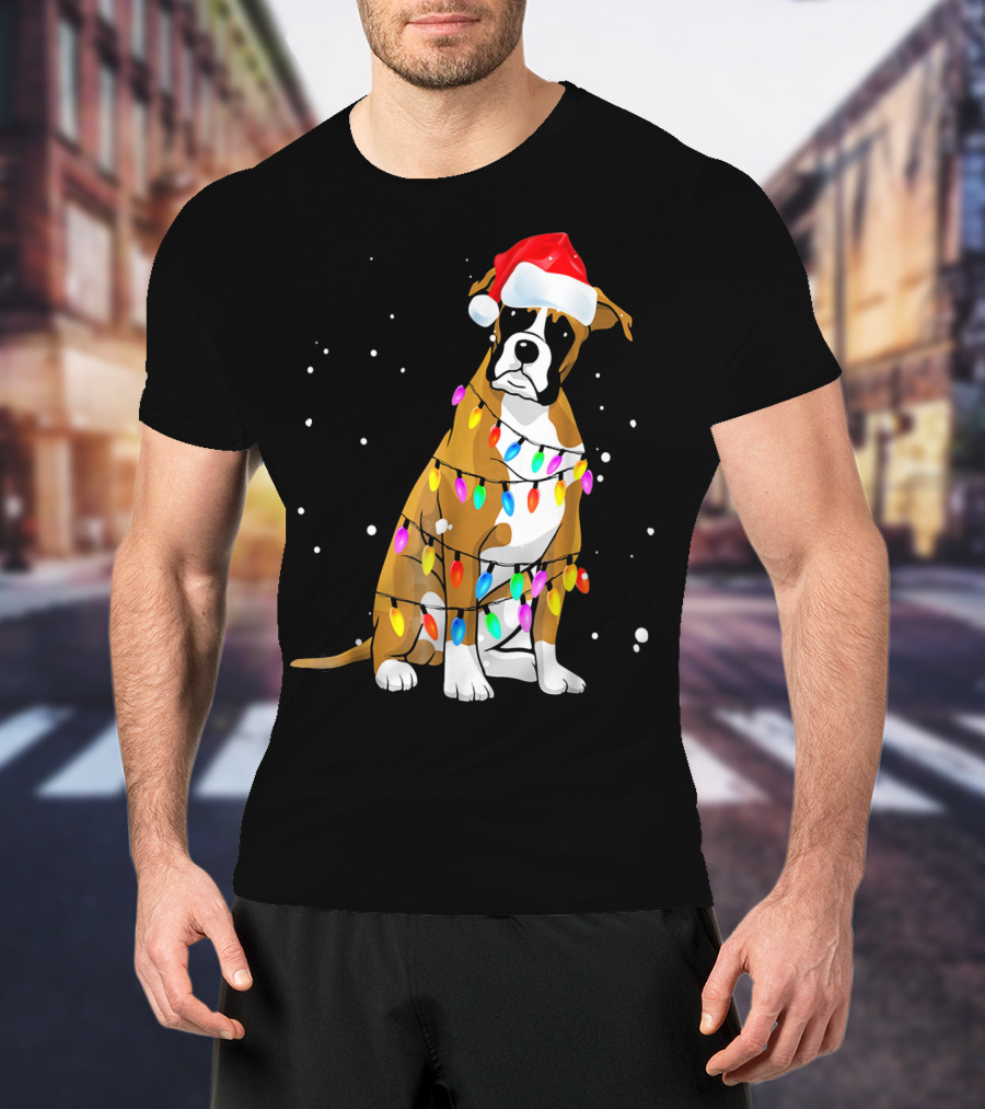 Boxer Dog Wrapped In Christmas Lights With Santa Hat T-Shirt