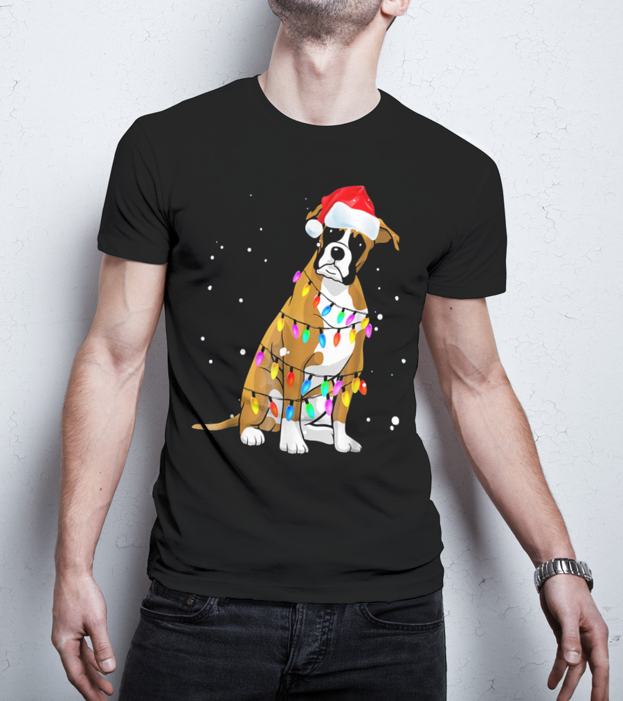 Boxer Dog Wrapped In Christmas Lights With Santa Hat T-Shirt