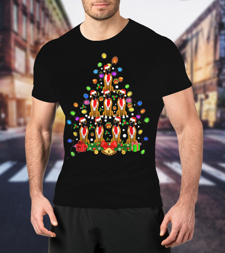 Boxer Dogs In Christmas Tree With Lights And Santa Hats T-Shirt
