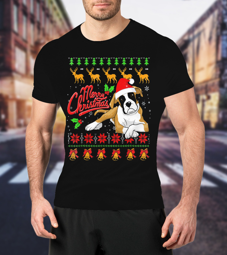 Merry Christmas Boxer Dog Santa Hat Reindeer Snowflakes T-Shirt