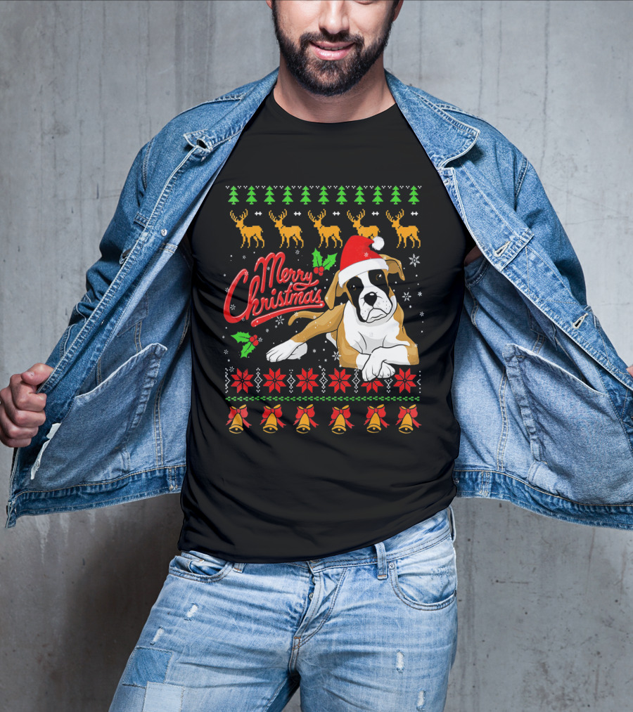 Merry Christmas Boxer Dog Santa Hat Reindeer Snowflakes T-Shirt