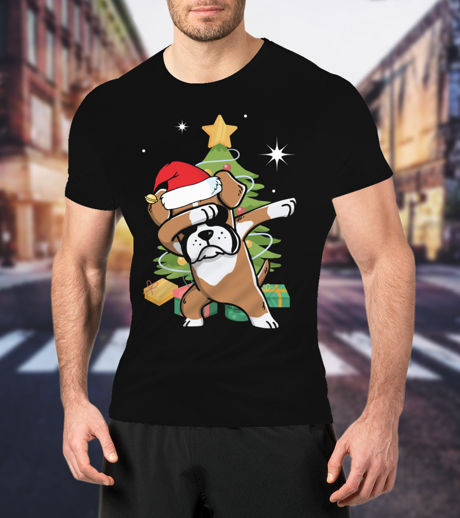 Christmas Boxer Dog Dabbing In Front Of Tree With Gifts T-Shirt