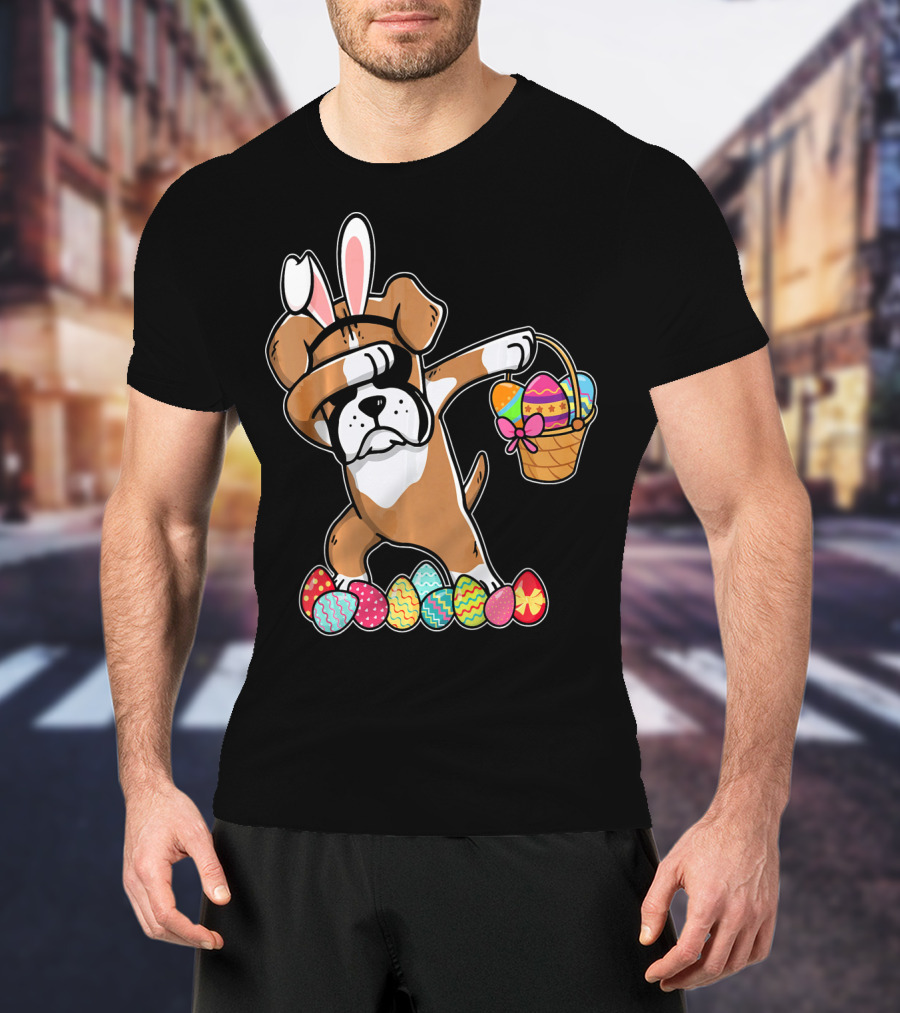 Boxer Dabbing As Easter Bunny With Basket And Eggs T-Shirt