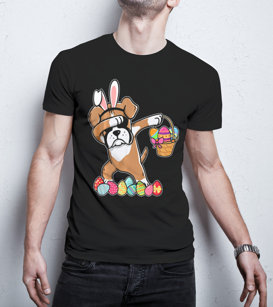 Boxer Dabbing As Easter Bunny With Basket And Eggs T-Shirt