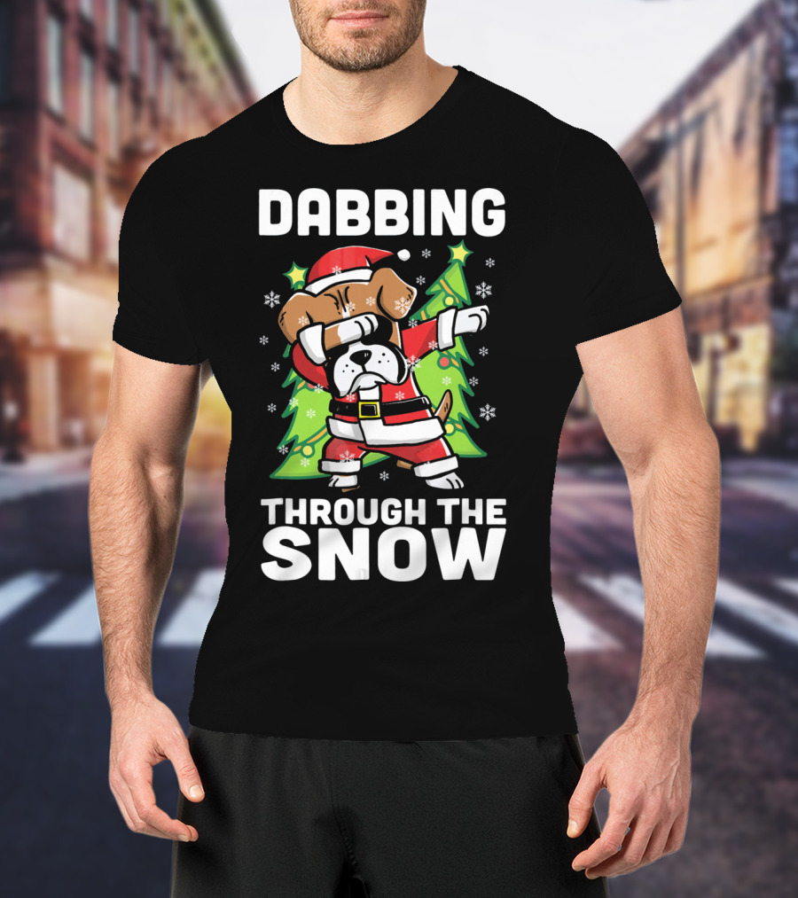 Dabbing Through The Snow Boxer Dog Santa Christmas Snowflakes Pine Trees T-Shirt
