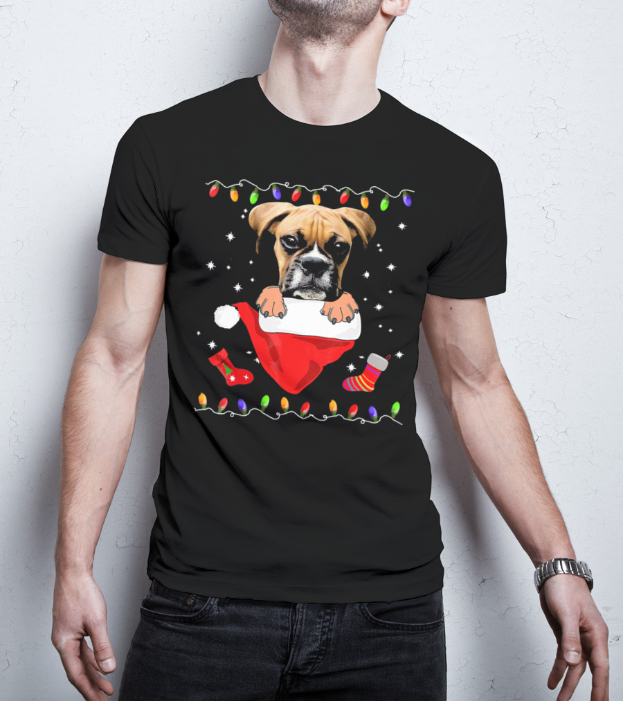 Festive Boxer Dog Christmas With Santa Hat And Holiday Lights T-Shirt