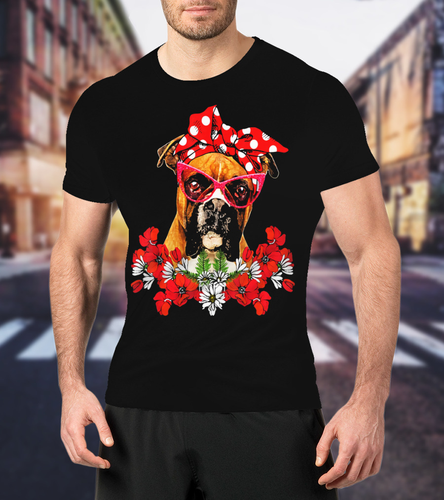 Boxer Dog Moms Red Polka Dot Bow Mixed Flower Arrangement T-Shirt