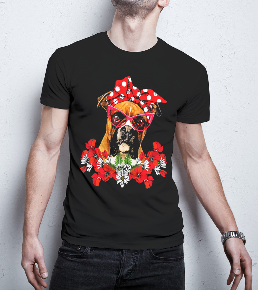 Boxer Dog Moms Red Polka Dot Bow Mixed Flower Arrangement T-Shirt