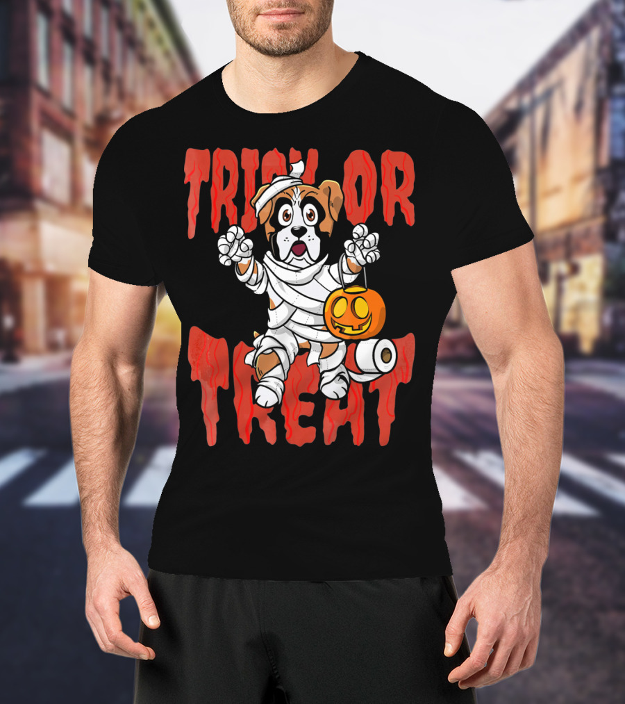 Trick Or Treat Boxer Dog Mummy With Pumpkin And Toilet Paper Rolls T-Shirt
