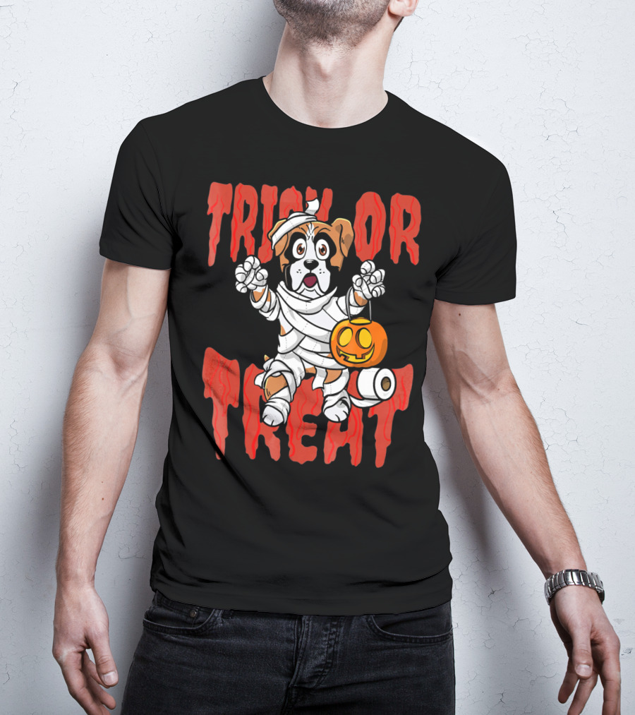Trick Or Treat Boxer Dog Mummy With Pumpkin And Toilet Paper Rolls T-Shirt