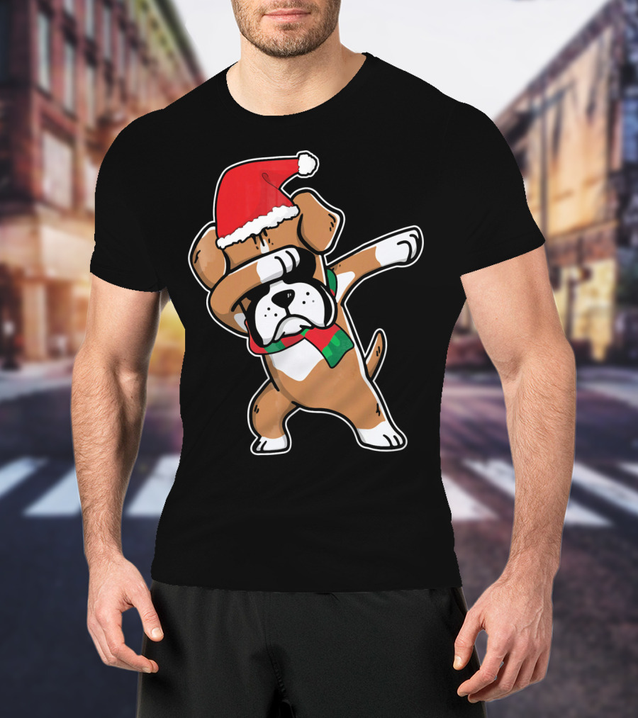 Santa Claus Boxer Dog Dabbing Dance Hip Hop Christmas T-Shirt