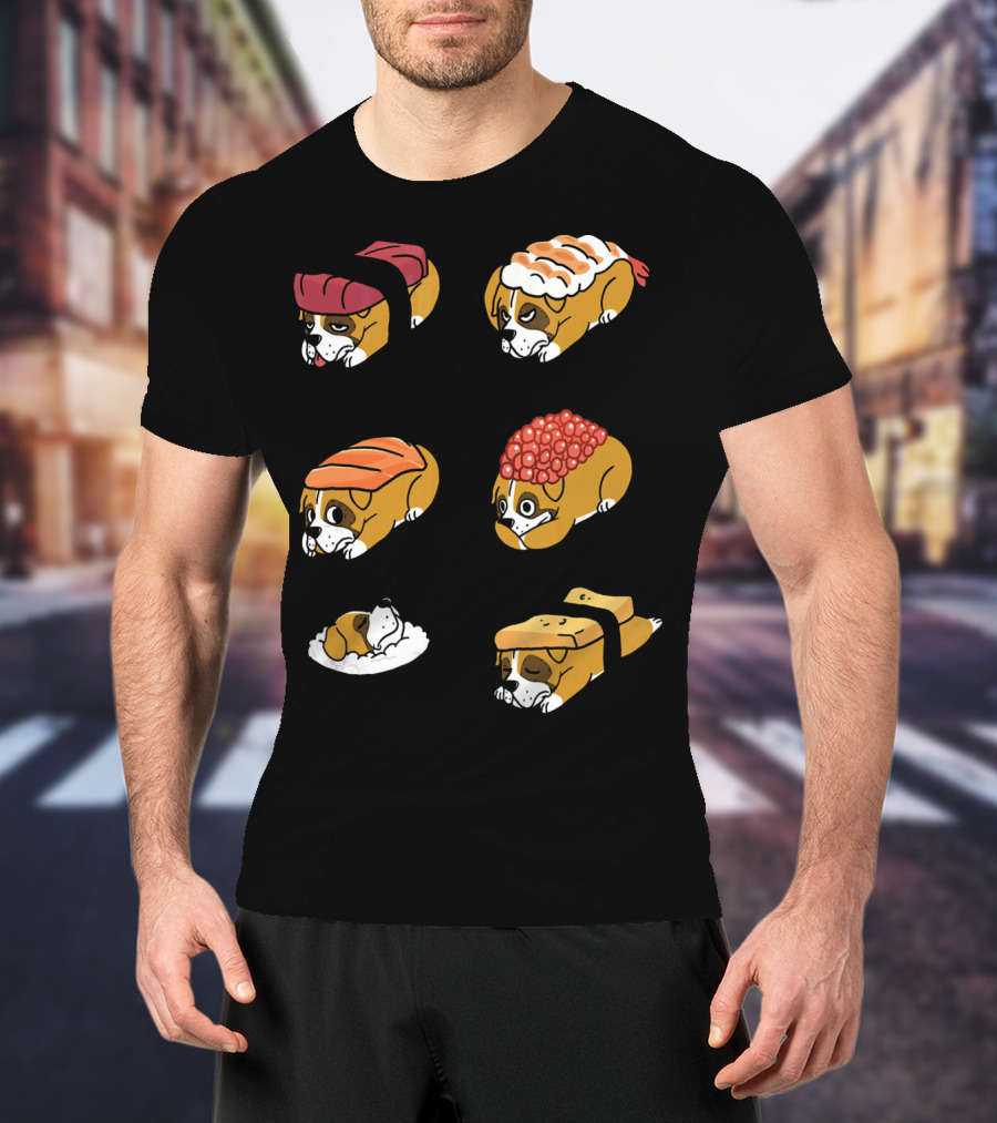 Boxer Dog Nigiri Sushi Funny Dog Boxer Sushi Roll Humor Nigiri Boxer Pups Sushi Styled Boxer Dogs T-Shirt