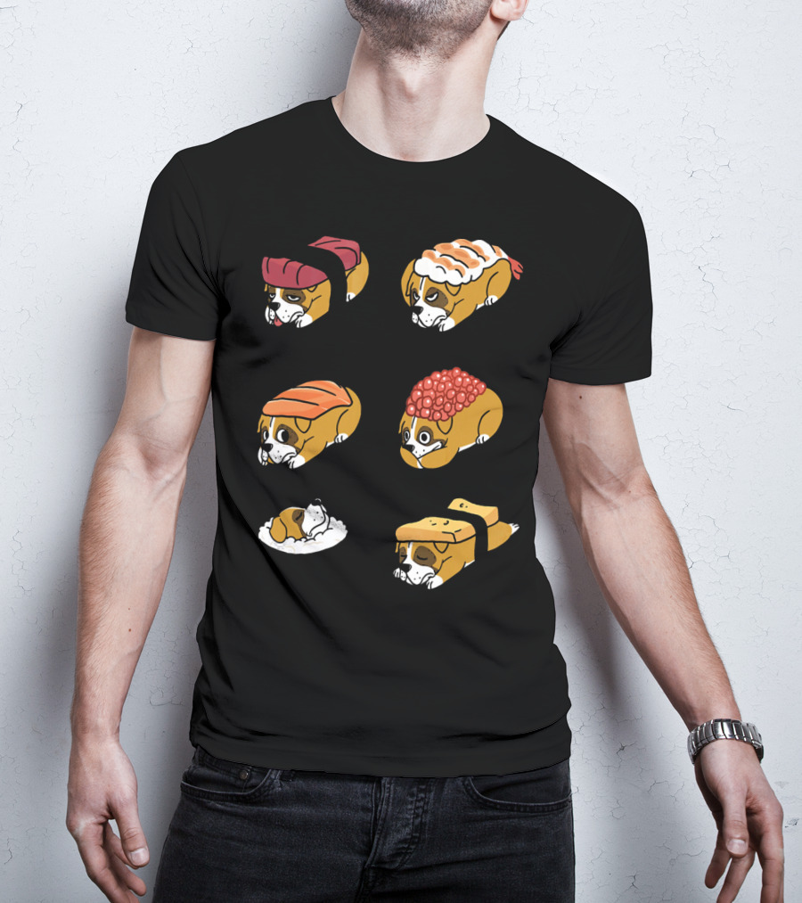 Boxer Dog Nigiri Sushi Funny Dog Boxer Sushi Roll Humor Nigiri Boxer Pups Sushi Styled Boxer Dogs T-Shirt