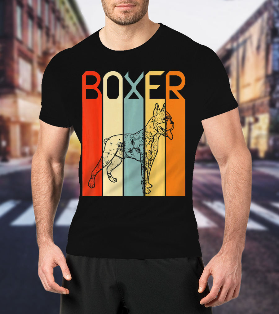 Boxer Dog Retro Stripes Outline T-Shirt