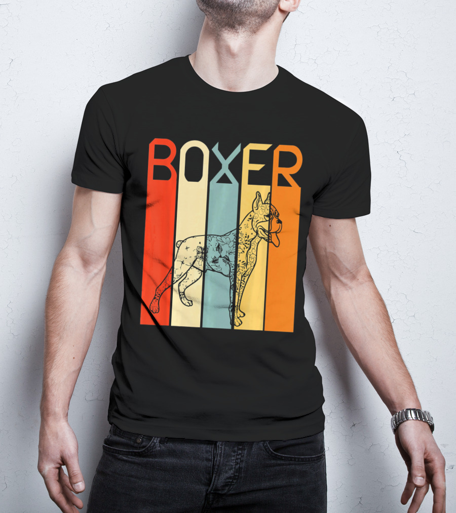 Boxer Dog Retro Stripes Outline T-Shirt