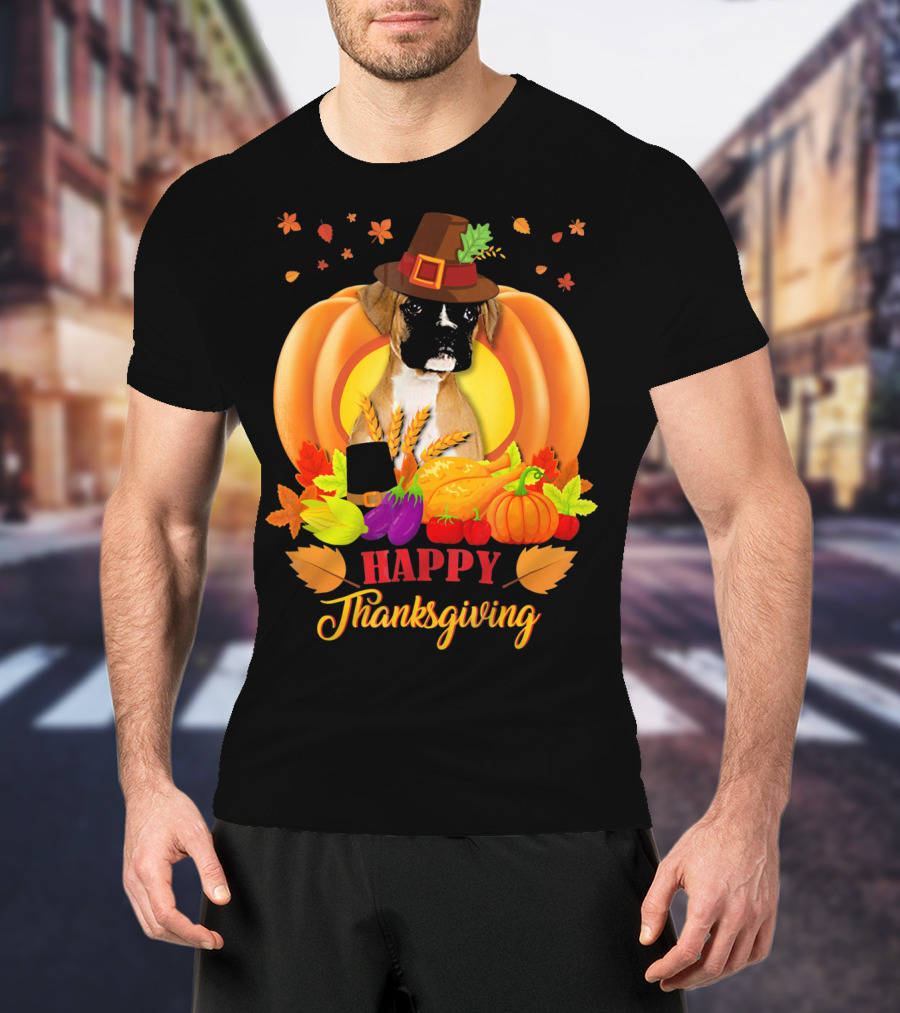 Boxer Dog In Pilgrim Hat Happy Thanksgiving Pumpkin Harvest T-Shirt