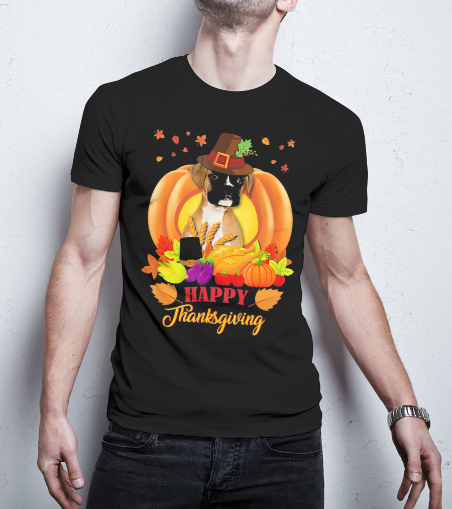 Boxer Dog In Pilgrim Hat Happy Thanksgiving Pumpkin Harvest T-Shirt