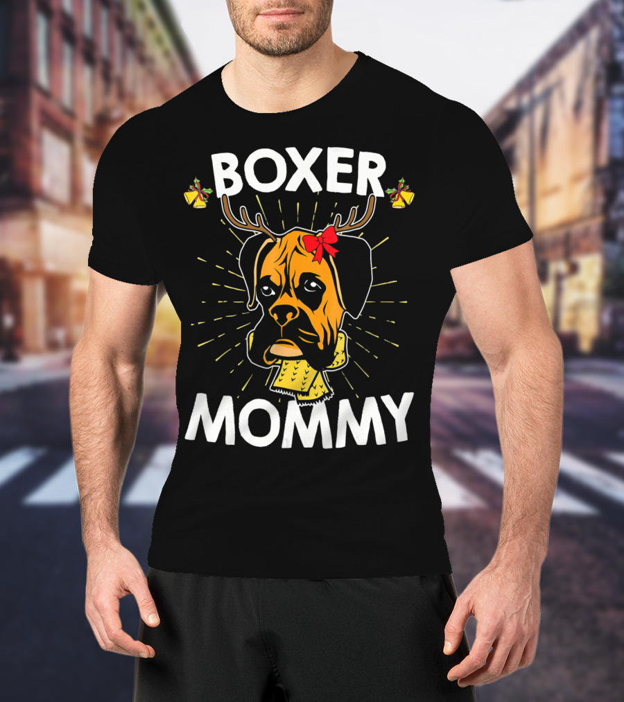 Boxer Mommy Reindeer Antlers Christmas Lights Bow Scarf Dog T-Shirt