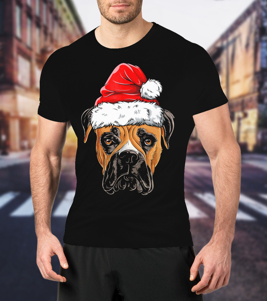Boxer Dog Wearing Santa Hat T-Shirt