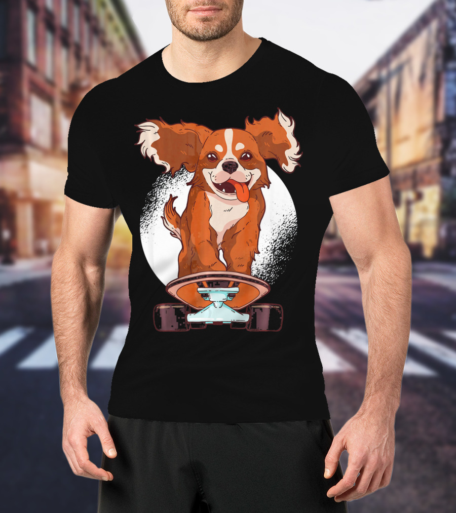 Cavalier Dog On Skateboard With Happy Expression And Energetic Pose T-Shirt