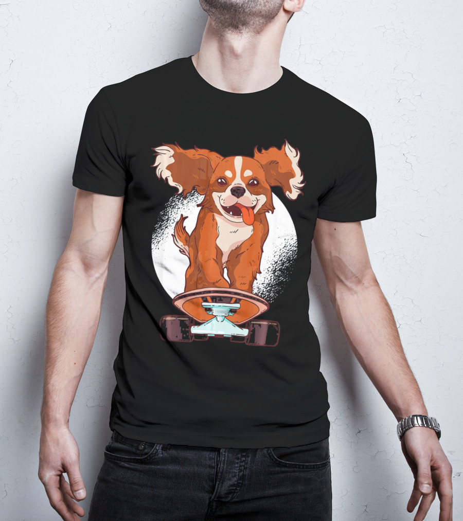 Cavalier Dog On Skateboard With Happy Expression And Energetic Pose T-Shirt