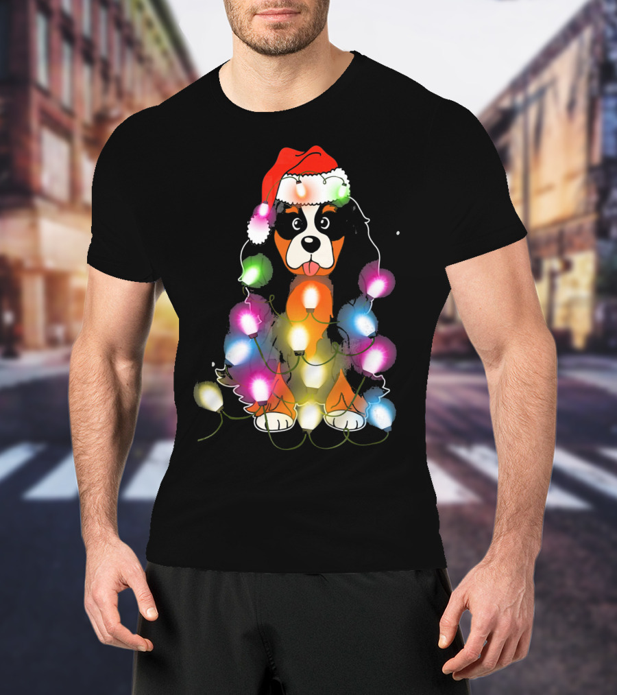 Cavalier King Charles Spaniel Festive Christmas Lights With Santa Hat T-Shirt