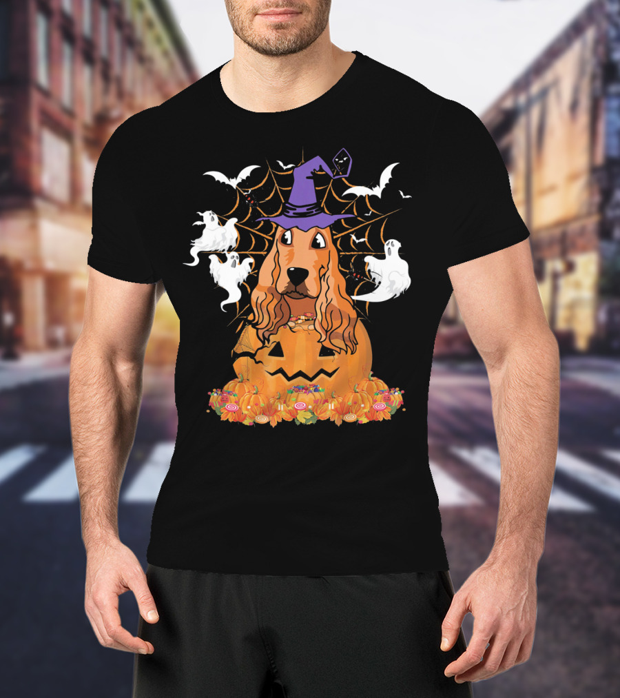 Cavalier King Charles Spaniel Halloween Pumpkin Ghosts And Witch Hat T-Shirt