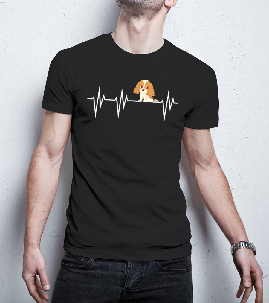 Cavalier King Charles Spaniel Heartbeat EKG Line With Cartoon Puppy T-Shirt