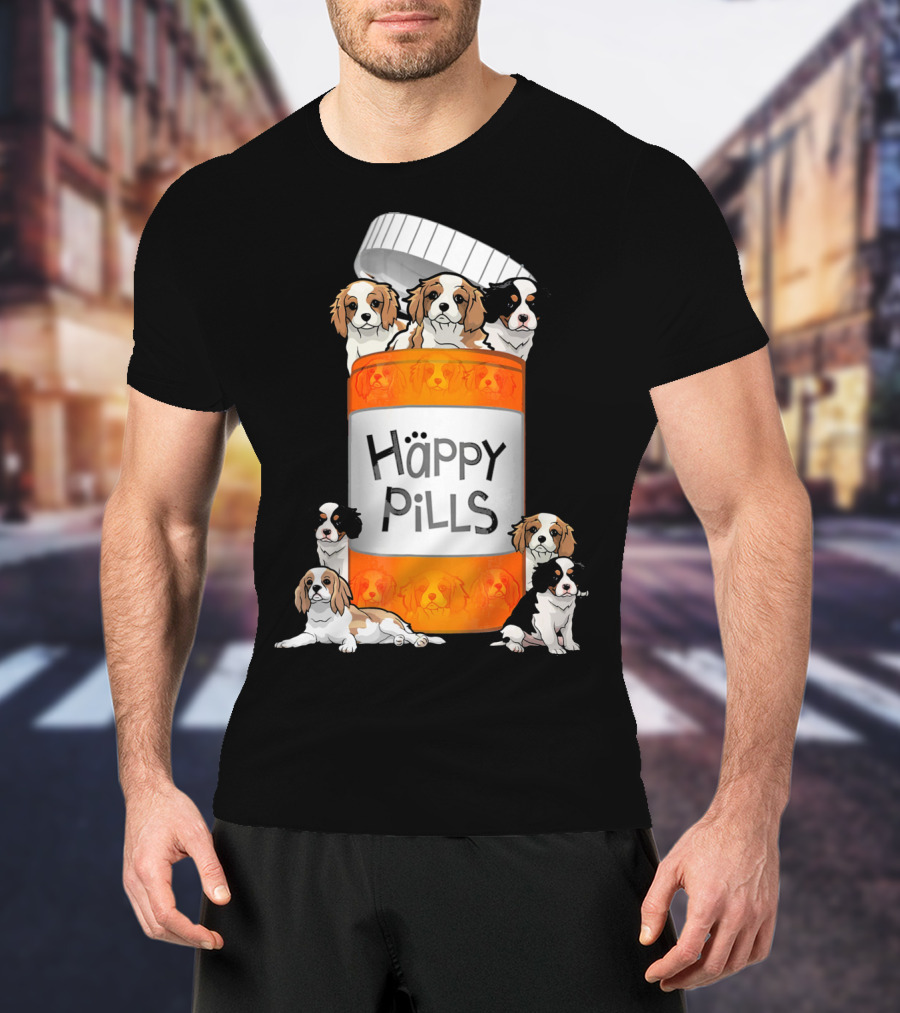 Cavalier King Charles Spaniel Happy Pills Illustration With Puppies In Pill Bottle T-Shirt