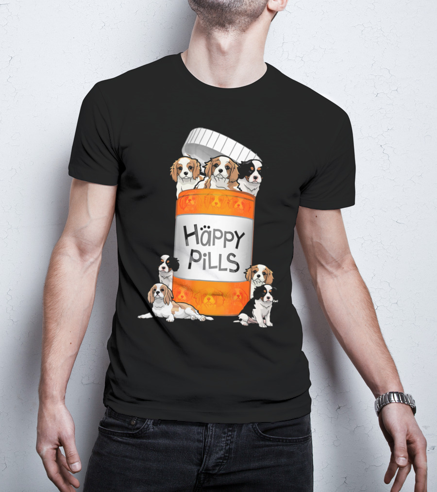 Cavalier King Charles Spaniel Happy Pills Illustration With Puppies In Pill Bottle T-Shirt