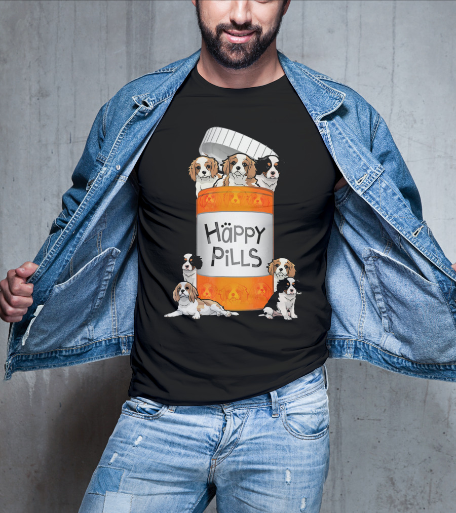 Cavalier King Charles Spaniel Happy Pills Illustration With Puppies In Pill Bottle T-Shirt