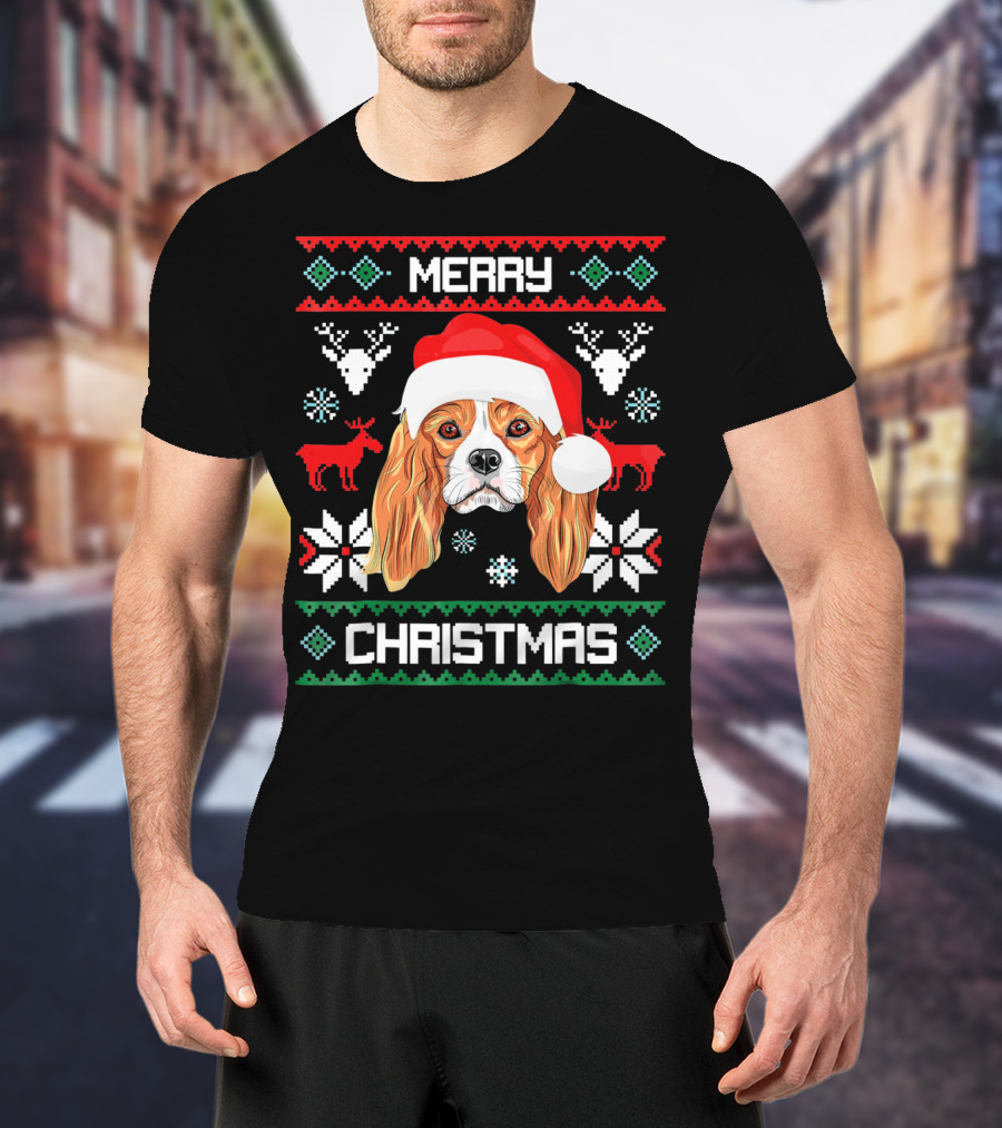 Merry Christmas Cavalier King Charles Spaniel Ugly Sweater Santa Hat T-Shirt
