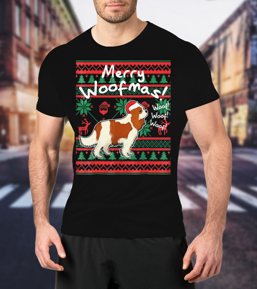 Merry Woofmas Cavalier King Charles Spaniel Festive Santa Hat Woof Woof Holiday T-Shirt