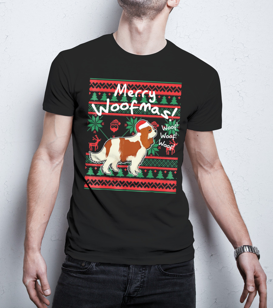Merry Woofmas Cavalier King Charles Spaniel Festive Santa Hat Woof Woof Holiday T-Shirt