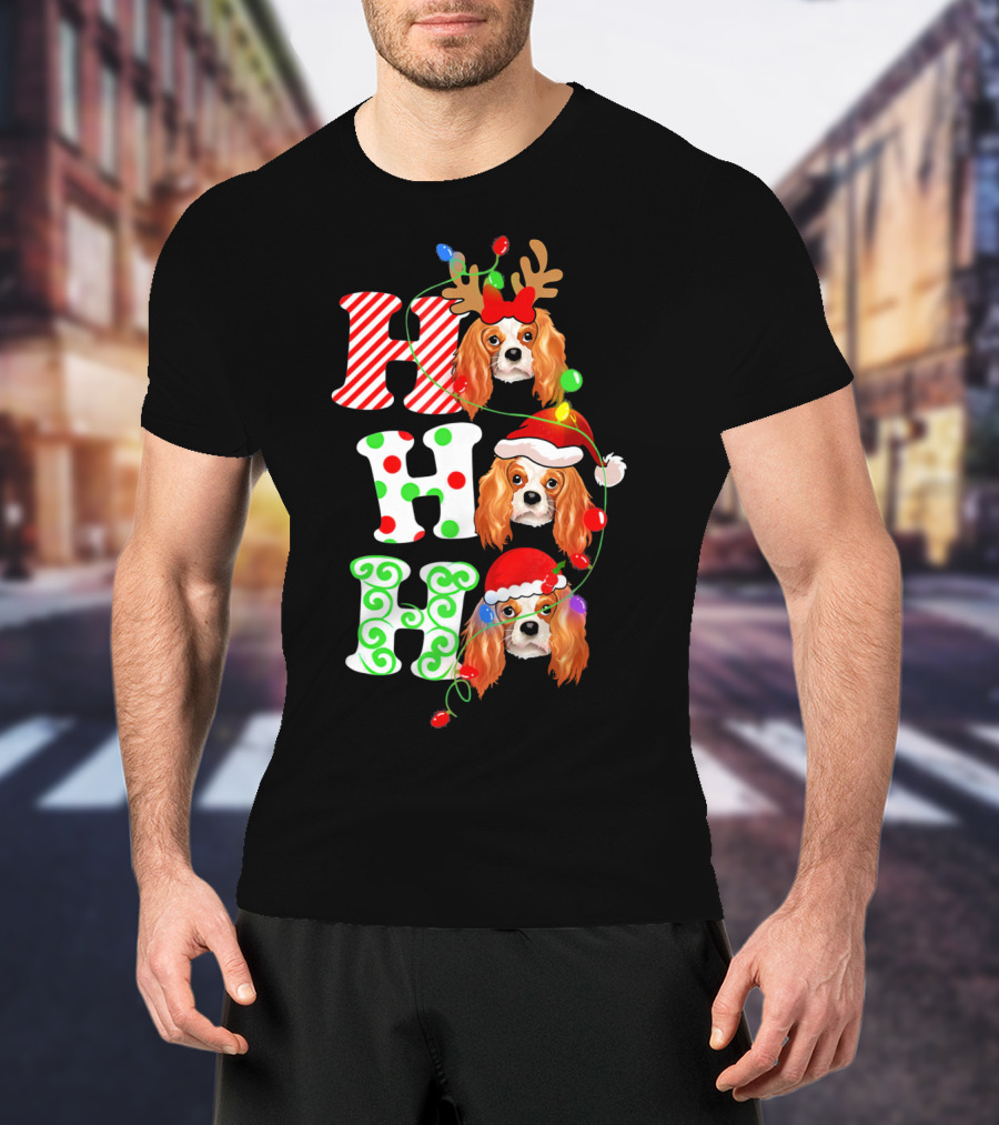 Cavalier King Charles Spaniel Santa Ho Ho Christmas Lights T-Shirt