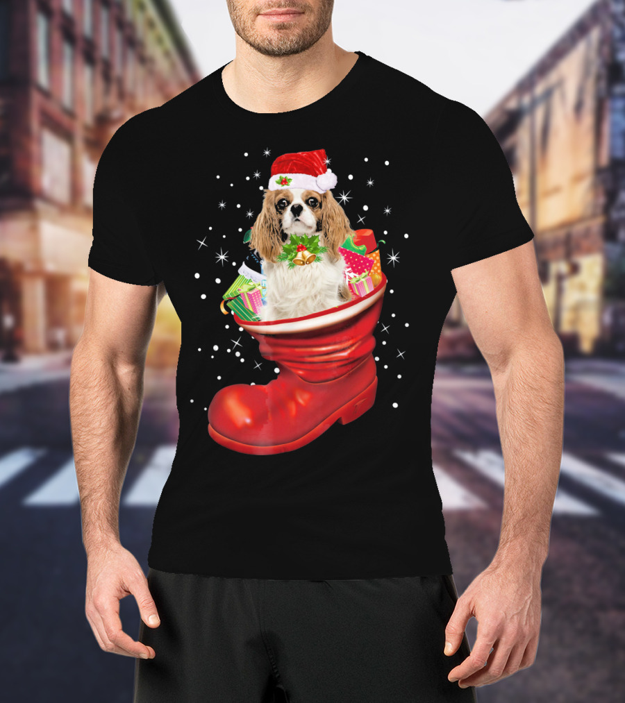 Cavalier King Christmas Dog In Festive Boot With Gifts T-Shirt