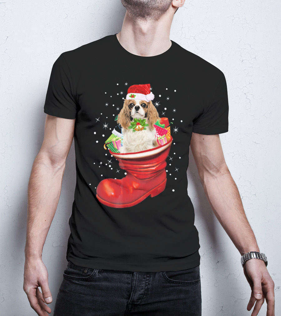 Cavalier King Christmas Dog In Festive Boot With Gifts T-Shirt