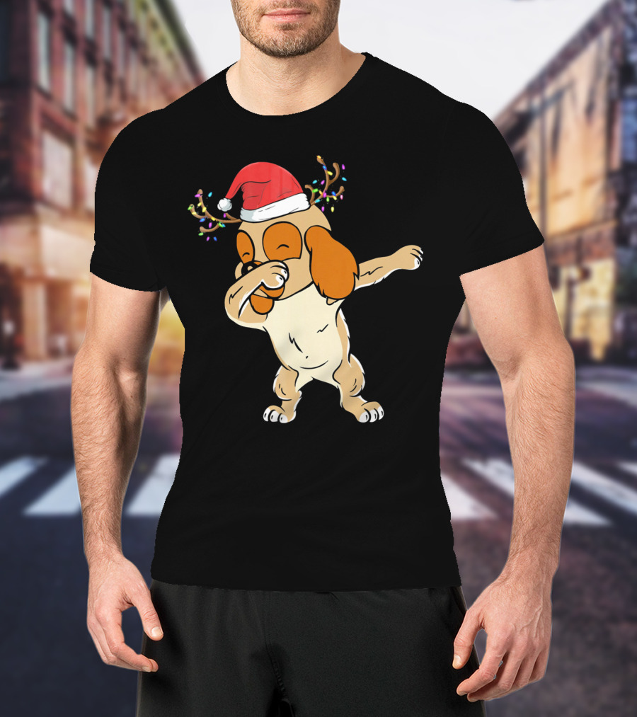 Christmas Cocker Spaniel Dabbing Reindeer Antlers Santa Hat T-Shirt