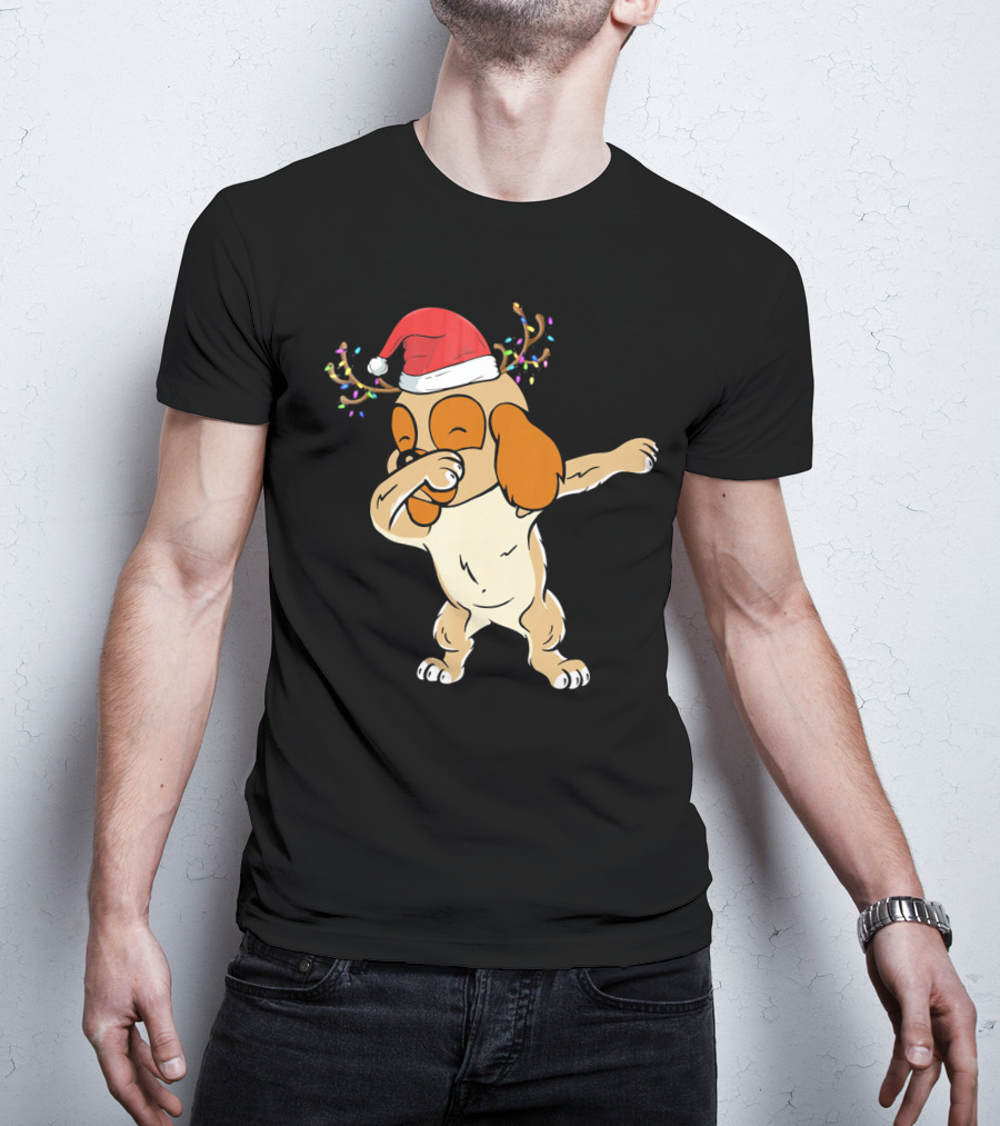 Christmas Cocker Spaniel Dabbing Reindeer Antlers Santa Hat T-Shirt